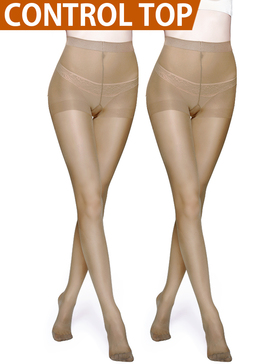 Vero Monte 2 Pairs Control Top Pantyhose for Women - Semi Opaque Tights (Nude)